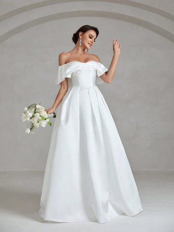 Off Shoulder Ruffle Trim Pleated Detail Satin Wedding Dress