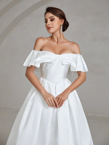Off Shoulder Ruffle Trim Pleated Detail Satin Wedding Dress