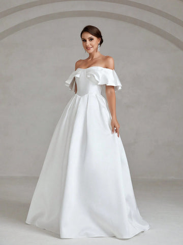 Off Shoulder Ruffle Trim Pleated Detail Satin Wedding Dress
