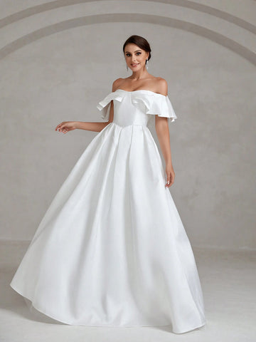 Off Shoulder Ruffle Trim Pleated Detail Satin Wedding Dress