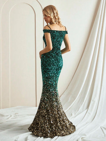 Off Shoulder Sexy Deep V Sequined Mermaid Evening Dress