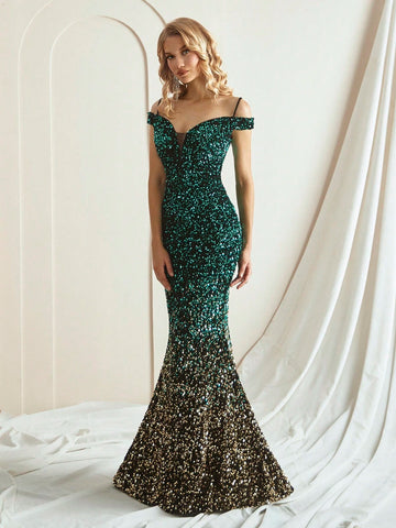 Off Shoulder Sexy Deep V Sequined Mermaid Evening Dress