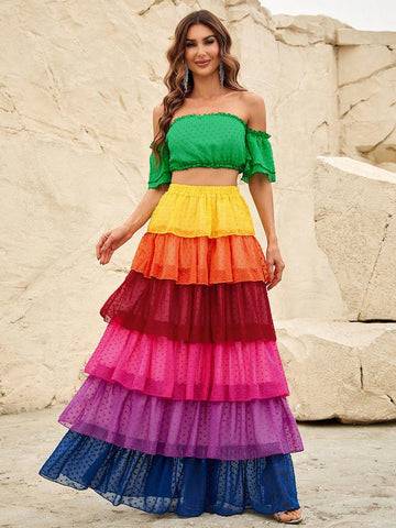 Off Shoulder Short Sleeve Top&Layered Hem Iridescence Chiffon Skirt