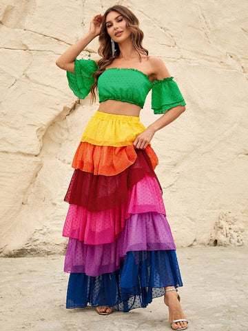 Off Shoulder Short Sleeve Top&Layered Hem Iridescence Chiffon Skirt
