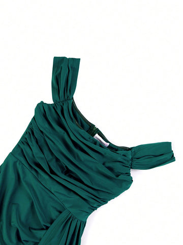 Off Shoulder Side Draped Split Thigh Formal Dress