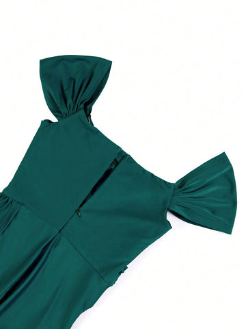 Off Shoulder Side Draped Split Thigh Formal Dress