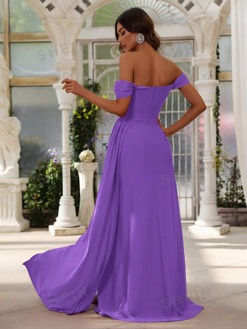 Off Shoulder Side Draped Wrap Hem Formal Dress