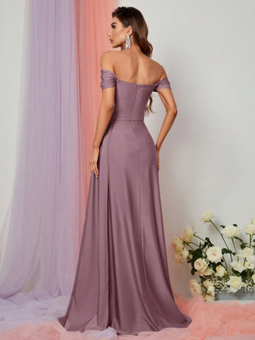 Off Shoulder Side Draped Wrap Hem Satin Formal Dress
