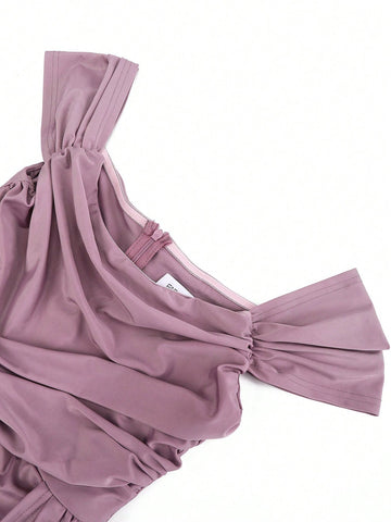 Off Shoulder Side Draped Wrap Hem Satin Formal Dress