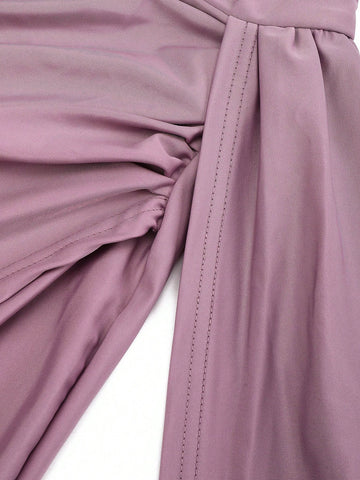 Off Shoulder Side Draped Wrap Hem Satin Formal Dress