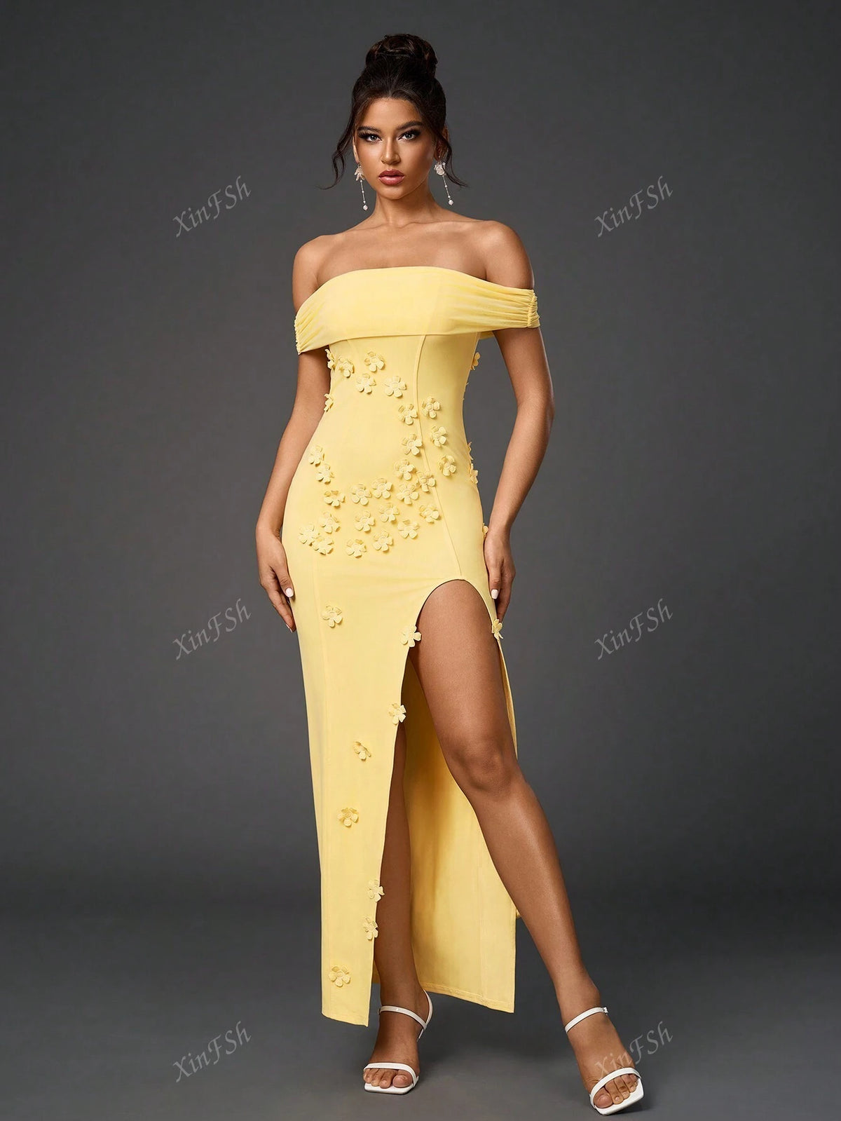 Off Shoulder Side Split Floral Applique Ecoration Ruched Mesh Bodycon Elegant Formal Evening Gowns