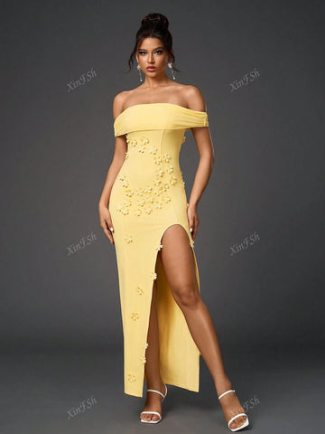Off Shoulder Side Split Floral Applique Ecoration Ruched Mesh Bodycon Elegant Formal Evening Gowns