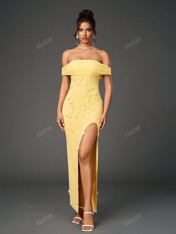 Off Shoulder Side Split Floral Applique Ecoration Ruched Mesh Bodycon Elegant Formal Evening Gowns