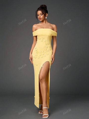 Off Shoulder Side Split Floral Applique Ecoration Ruched Mesh Bodycon Elegant Formal Evening Gowns