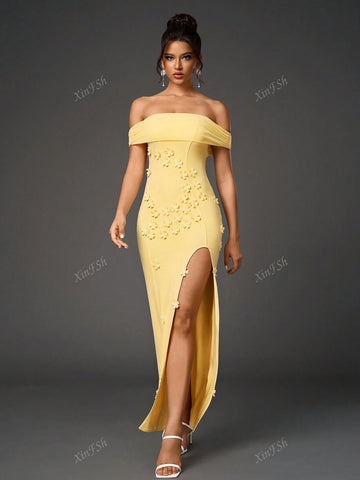 Off Shoulder Side Split Floral Applique Ecoration Ruched Mesh Bodycon Elegant Formal Evening Gowns