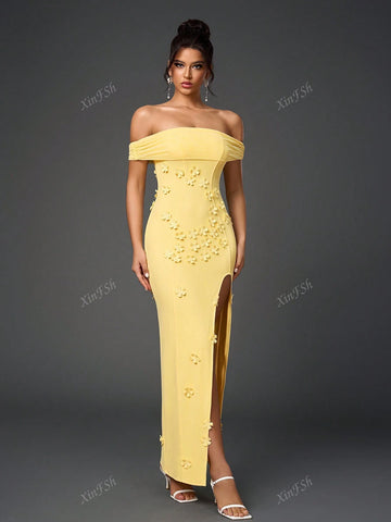 Off Shoulder Side Split Floral Applique Ecoration Ruched Mesh Bodycon Elegant Formal Evening Gowns