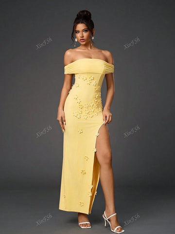 Off Shoulder Side Split Floral Applique Ecoration Ruched Mesh Bodycon Elegant Formal Evening Gowns
