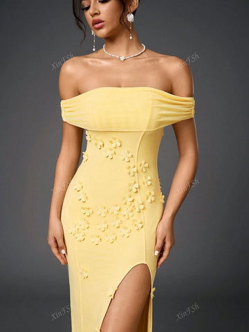 Off Shoulder Side Split Floral Applique Ecoration Ruched Mesh Bodycon Elegant Formal Evening Gowns