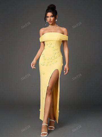 Off Shoulder Side Split Floral Applique Ecoration Ruched Mesh Bodycon Elegant Formal Evening Gowns