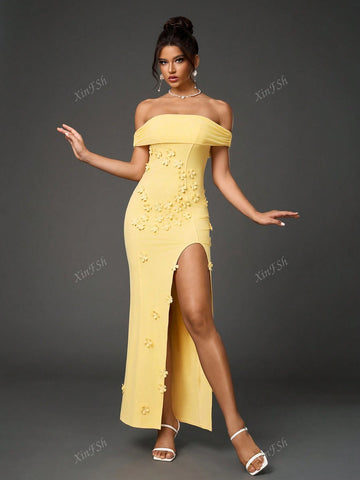 Off Shoulder Side Split Floral Applique Ecoration Ruched Mesh Bodycon Elegant Formal Evening Gowns