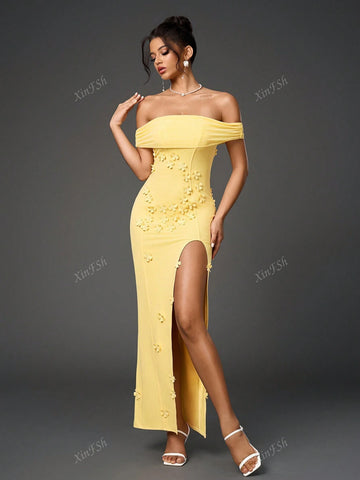 Off Shoulder Side Split Floral Applique Ecoration Ruched Mesh Bodycon Elegant Formal Evening Gowns