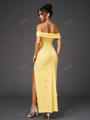 Off Shoulder Side Split Floral Applique Ecoration Ruched Mesh Bodycon Elegant Formal Evening Gowns