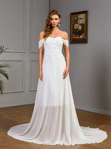 Off Shoulder Simple Plain Long Wedding Dress With Mesh Panel