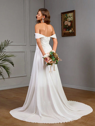 Off Shoulder Simple Plain Long Wedding Dress With Mesh Panel