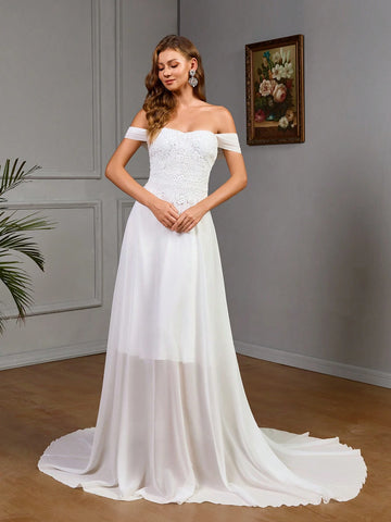 Off Shoulder Simple Plain Long Wedding Dress With Mesh Panel