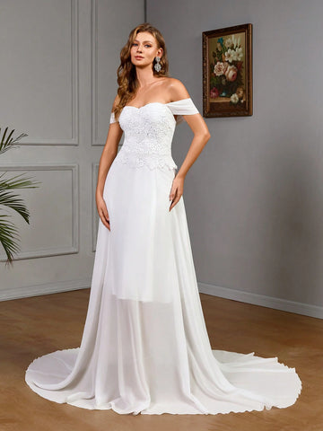 Off Shoulder Simple Plain Long Wedding Dress With Mesh Panel