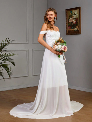 Off Shoulder Simple Plain Long Wedding Dress With Mesh Panel