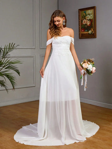 Off Shoulder Simple Plain Long Wedding Dress With Mesh Panel