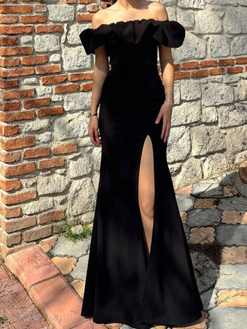 Off Shoulder Solid Color Split Thigh Elegant Ruffle Hem Dress