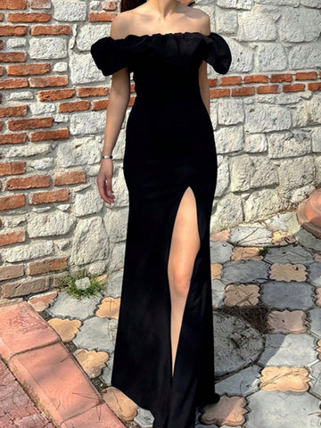 Off Shoulder Solid Color Split Thigh Elegant Ruffle Hem Dress