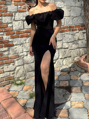 Off Shoulder Solid Color Split Thigh Elegant Ruffle Hem Dress