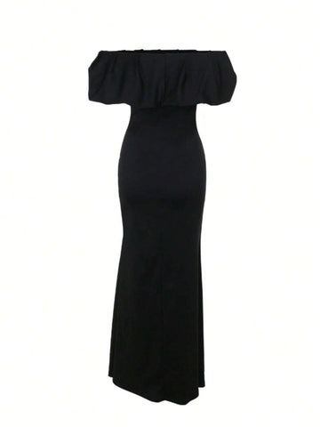 Off Shoulder Solid Color Split Thigh Elegant Ruffle Hem Dress