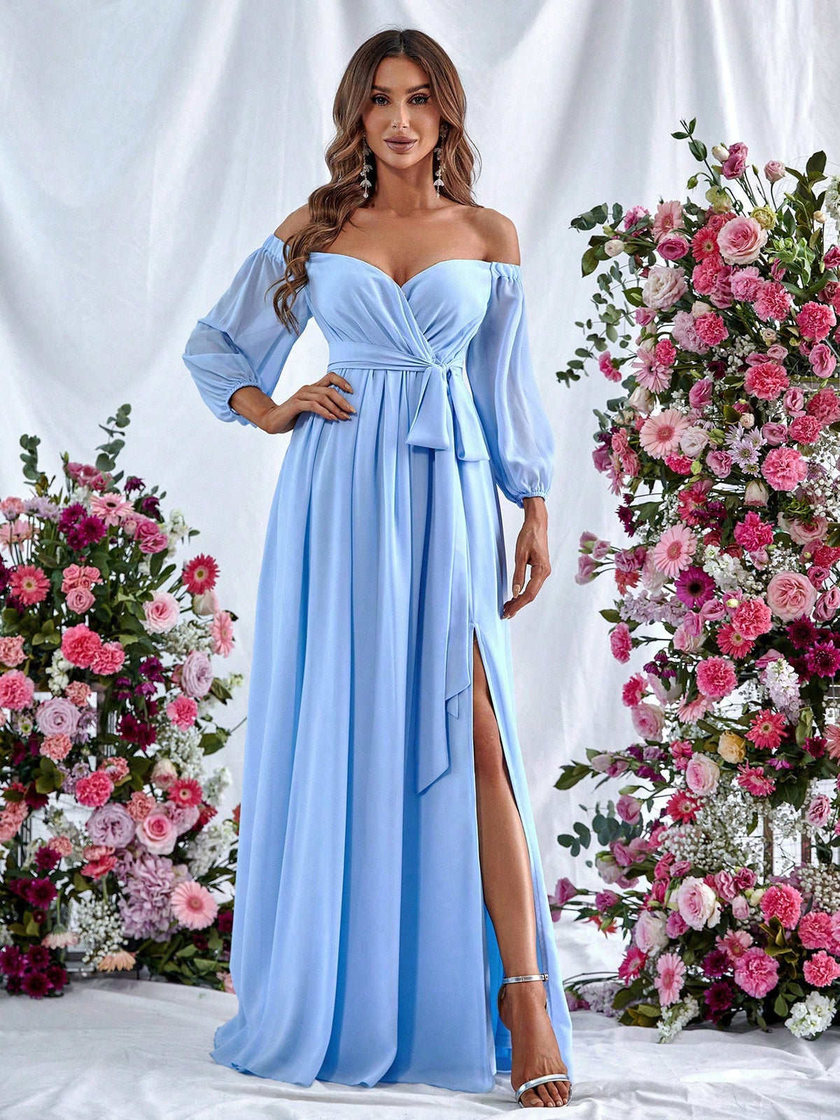 Off Shoulder Split Thigh Belted Dress