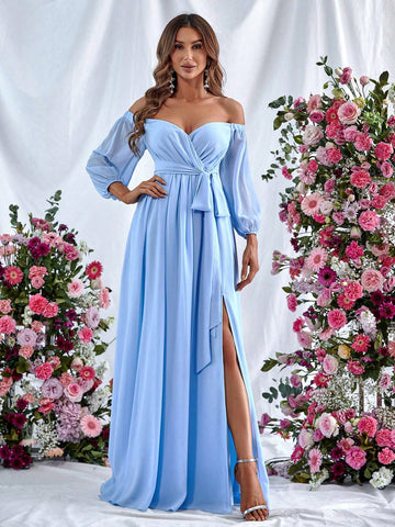 Off Shoulder Split Thigh Belted Dress