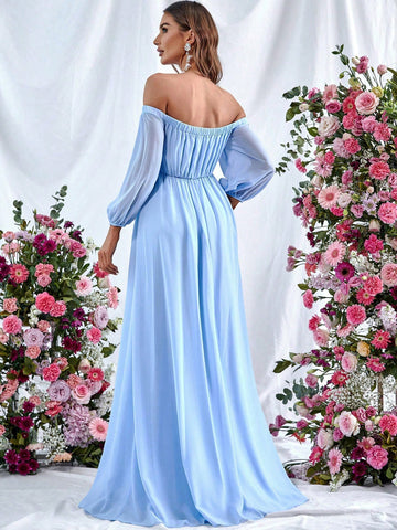 Off Shoulder Split Thigh Belted Dress