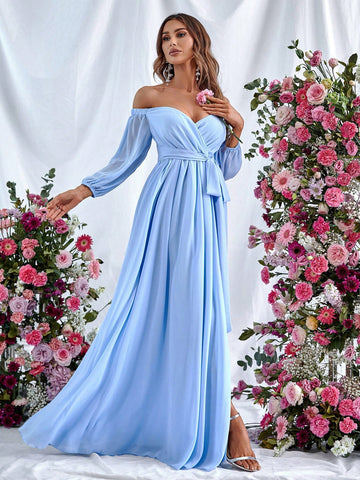 Off Shoulder Split Thigh Belted Dress