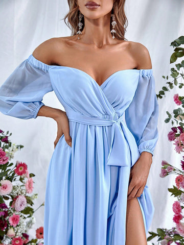 Off Shoulder Split Thigh Belted Dress