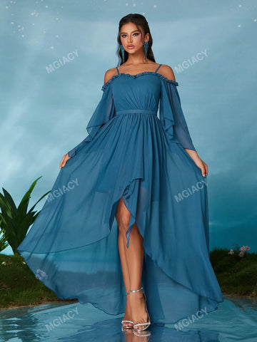 Off Shoulder Strap Pearl Chiffon Mid-Sleeve Front Short Back Trailing High-End Evening Dress