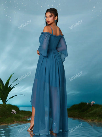 Off Shoulder Strap Pearl Chiffon Mid-Sleeve Front Short Back Trailing High-End Evening Dress