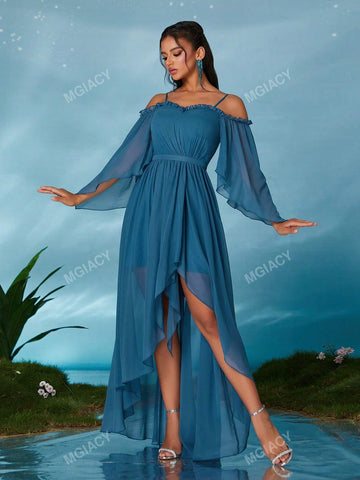 Off Shoulder Strap Pearl Chiffon Mid-Sleeve Front Short Back Trailing High-End Evening Dress