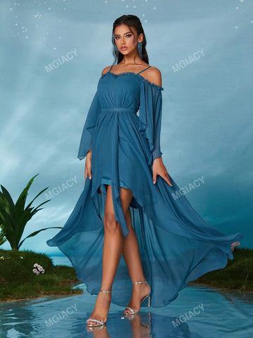 Off Shoulder Strap Pearl Chiffon Mid-Sleeve Front Short Back Trailing High-End Evening Dress