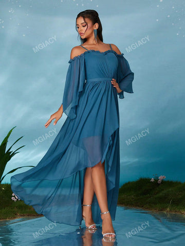 Off Shoulder Strap Pearl Chiffon Mid-Sleeve Front Short Back Trailing High-End Evening Dress