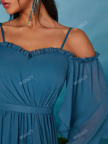 Off Shoulder Strap Pearl Chiffon Mid-Sleeve Front Short Back Trailing High-End Evening Dress