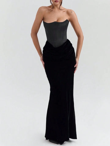Off Shoulder Strapless Pleated Bodycon Long Dress