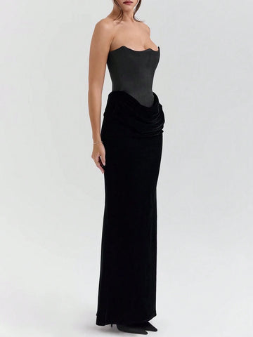 Off Shoulder Strapless Pleated Bodycon Long Dress