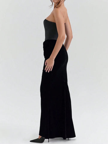 Off Shoulder Strapless Pleated Bodycon Long Dress